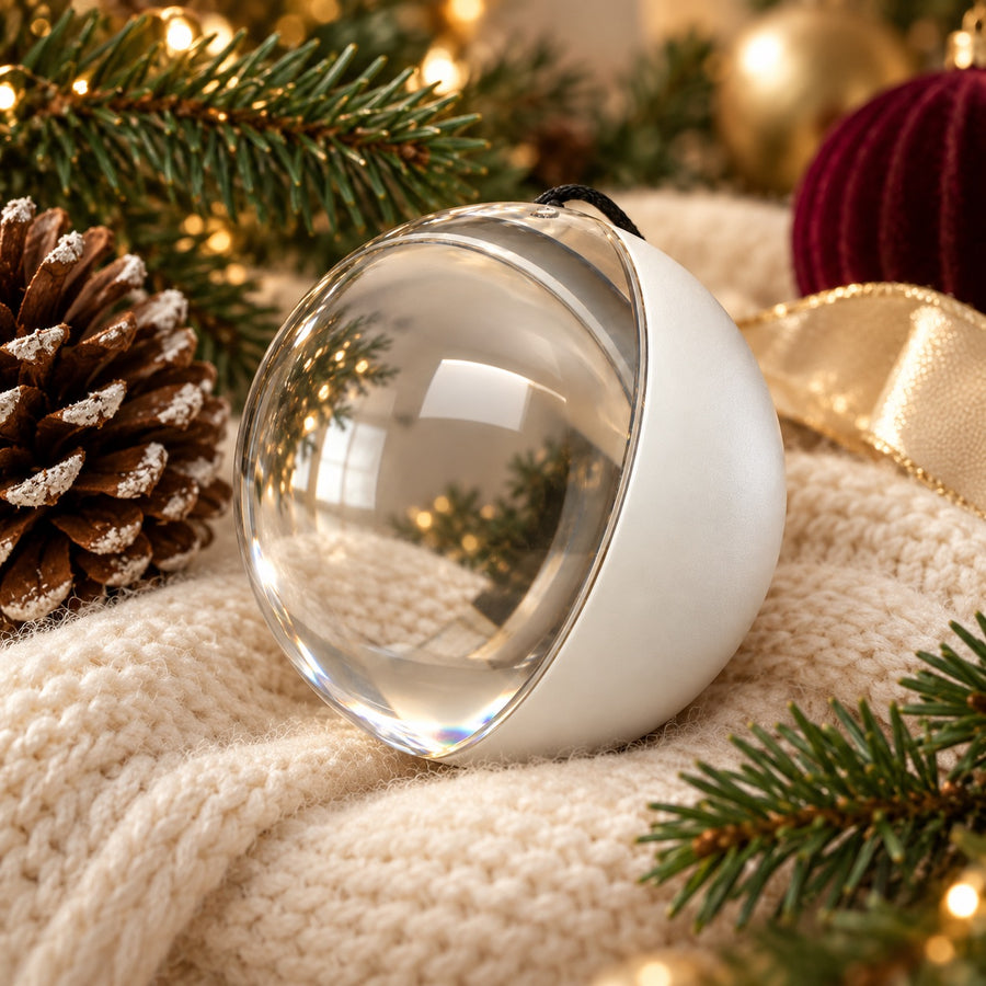 GlowStory memory ornament styled with evergreen and a cream knit blanket