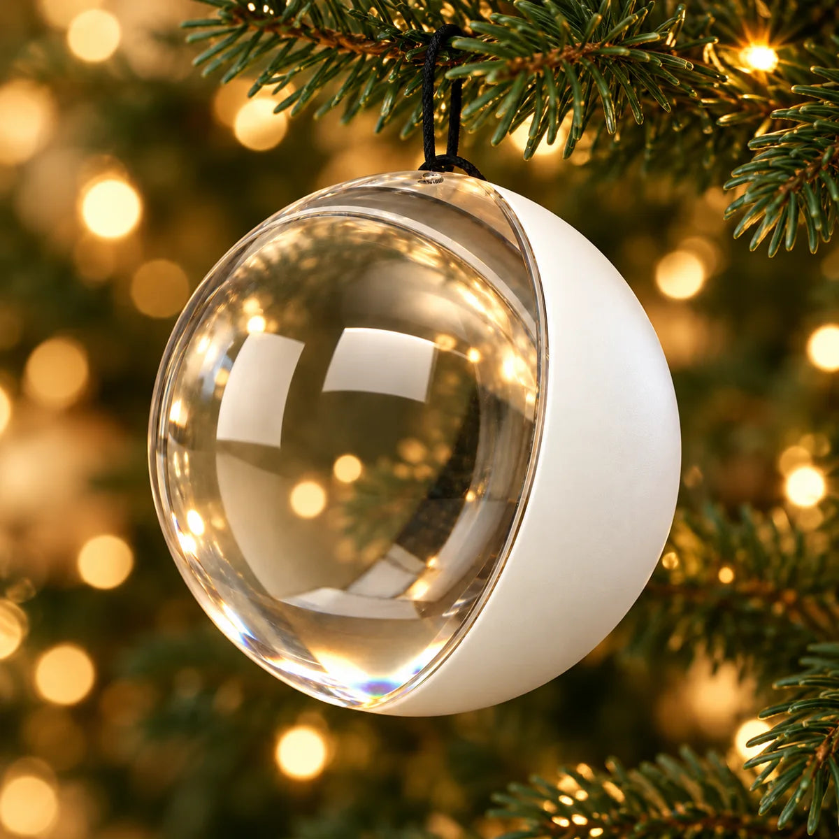 White GlowStory ornament on an evergreen branch with warm Christmas lights