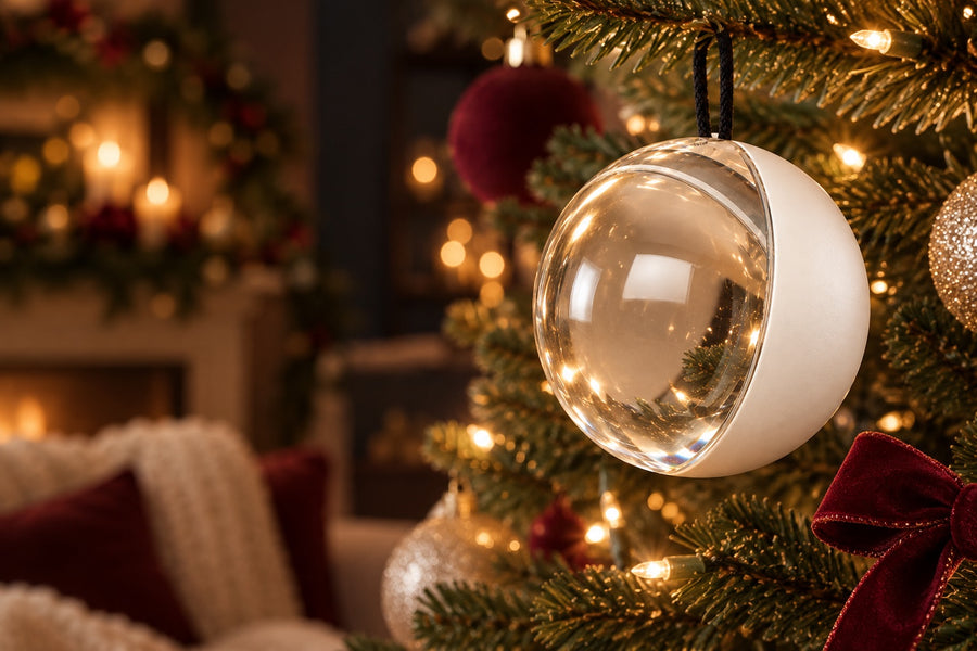 A white memory ornament hanging among warm Christmas lights