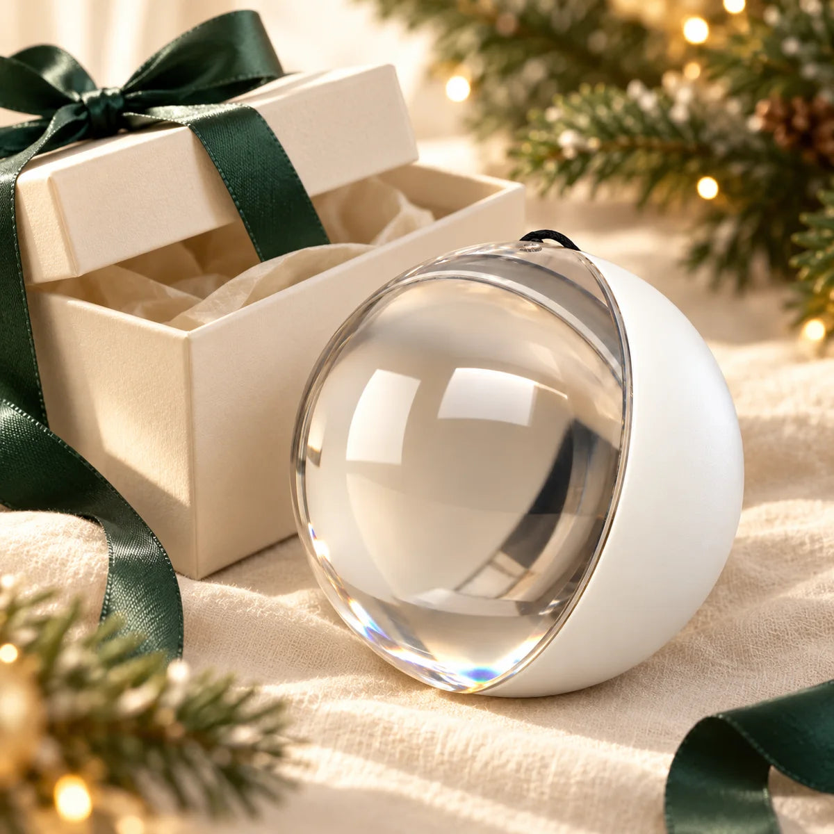 White GlowStory ornament styled beside an ivory gift box and green ribbon